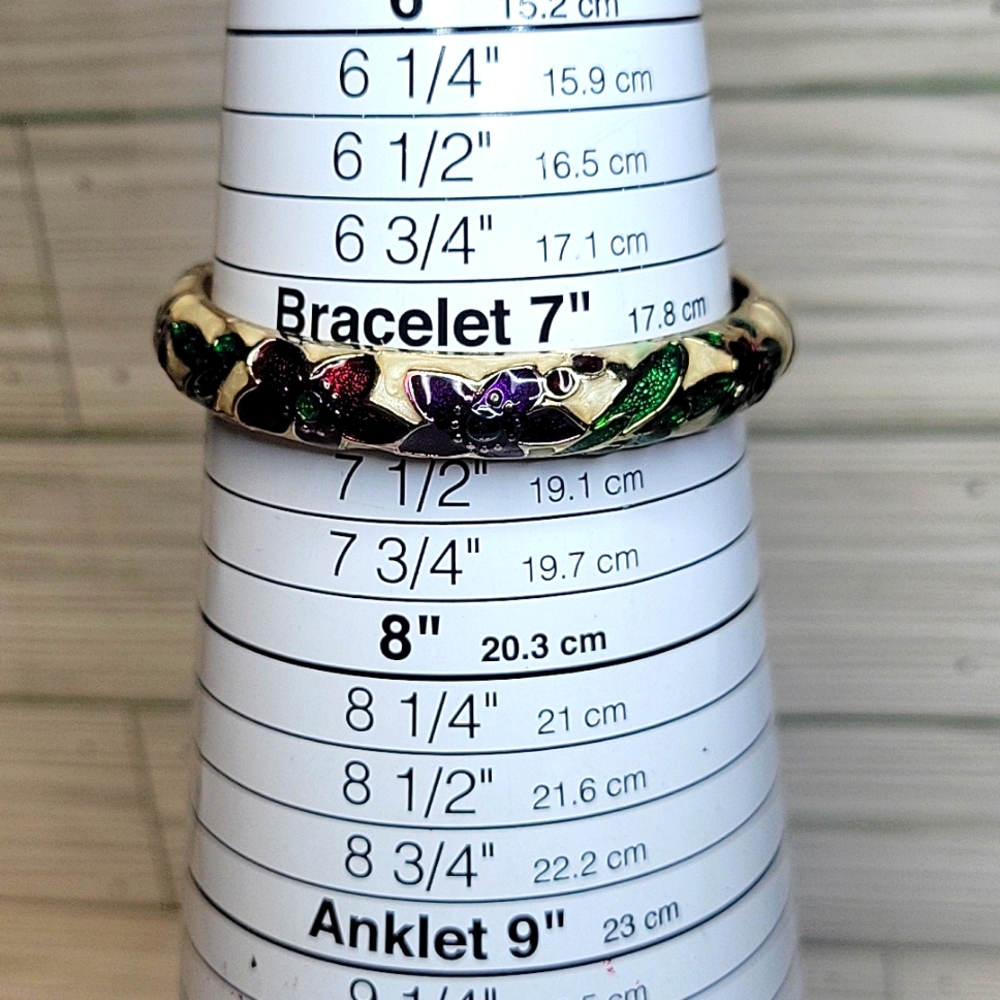 Vintage Floral Gold Tone Green Purple & Red Clamper Bracelet Hi Jui Long Xing
